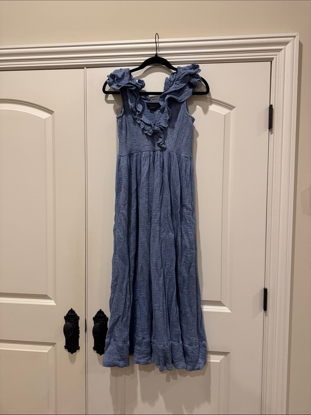 Maternity Hatch Blue Ruffled Midi Dress